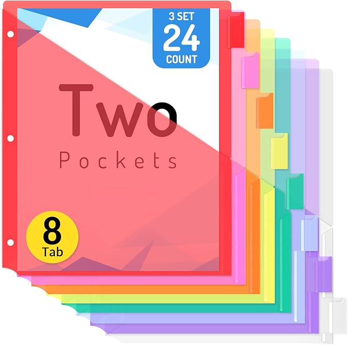 Forvencer 24 Count Dividers with Pockets, 8 Tab Dividers for 3 Ring Binder with Pockets, Subject Dividers with Pockets, Premium Quality Notebook Dividers with Pockets, Vibrant Color, 3 Sets