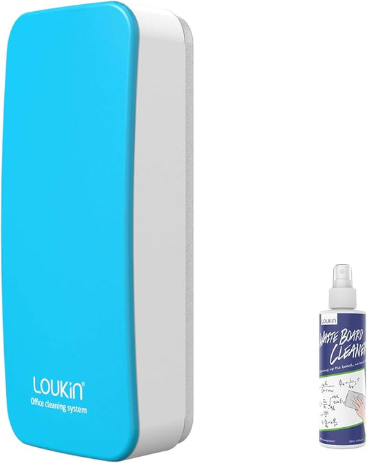 LOUKIN Magnetic Dry Erase Eraser, Whiteboard Eraser, Glass Board Eraser(Blue), One Bottle of 3.4 fl oz Whiteboard Cleaner Included, for Classroom, Home and Office Use