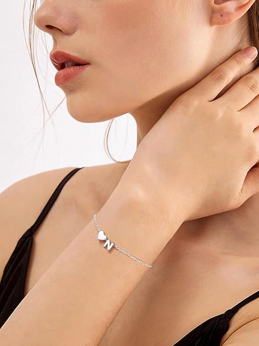 Silvora 925 Sterling Silver Dainty Initial Bracelet with Heart - 6.3" + 2" Adjustable Personalized 26 Letter Bracelet Jewelry Heart Bracelet for Women