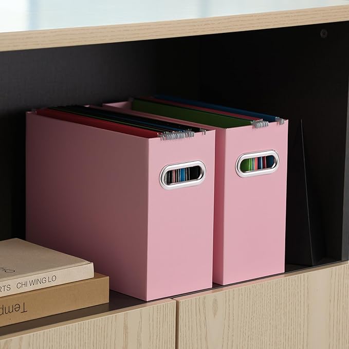 Oterri File Organizer, Small Storage Box, Cardboard File Folder Organizer, Collapsible File Box, Hanging File Organizer for Letter Size, Portable File Box with Handle, Only Box（Pink，6 Packs）