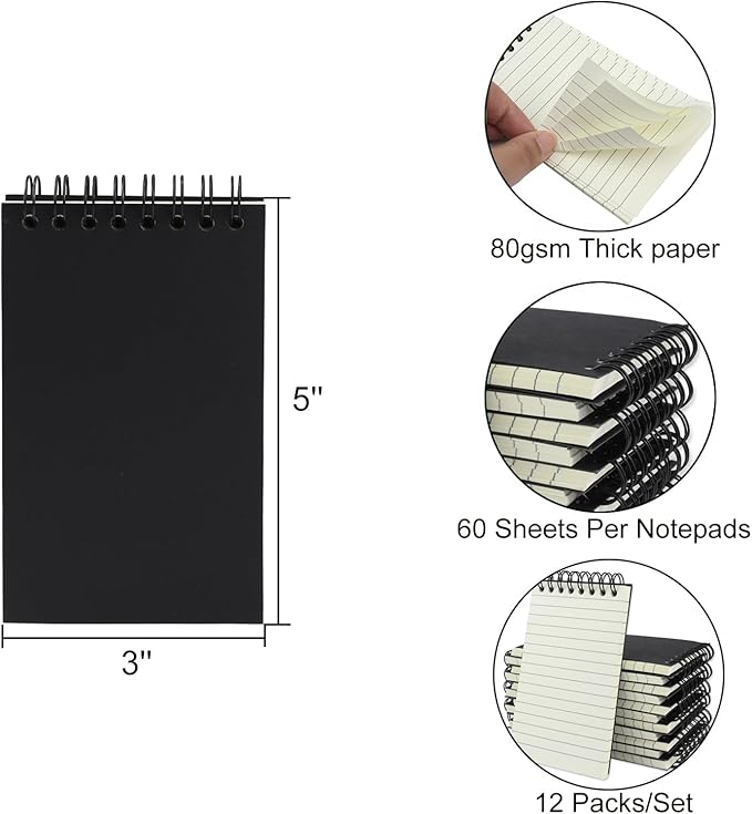 12 Pack Pocket Notebooks, 3x5 Small Notepads, Mini Spiral Notebooks, 60 Sheets/120 Pages,Lined College Ruled Paper, Memo Pads for Home, Office, School or Travel (Black)
