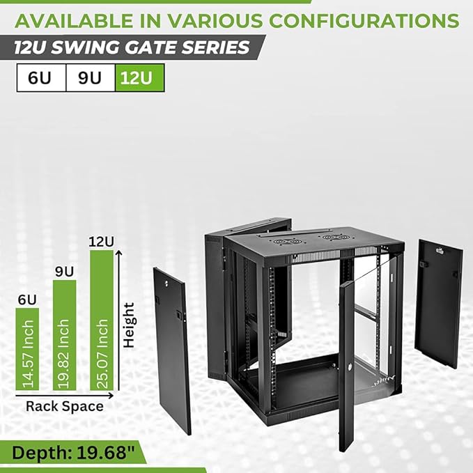 NavePoint 12U Server Cabinet with Hinged Back - 25.5” Deep, 12U Server Rack Enclosure with Locking Glass Door, Wall Mount Rack with Removable Side Panels, 12U Network Cabinet with 2 Fans, Assembled