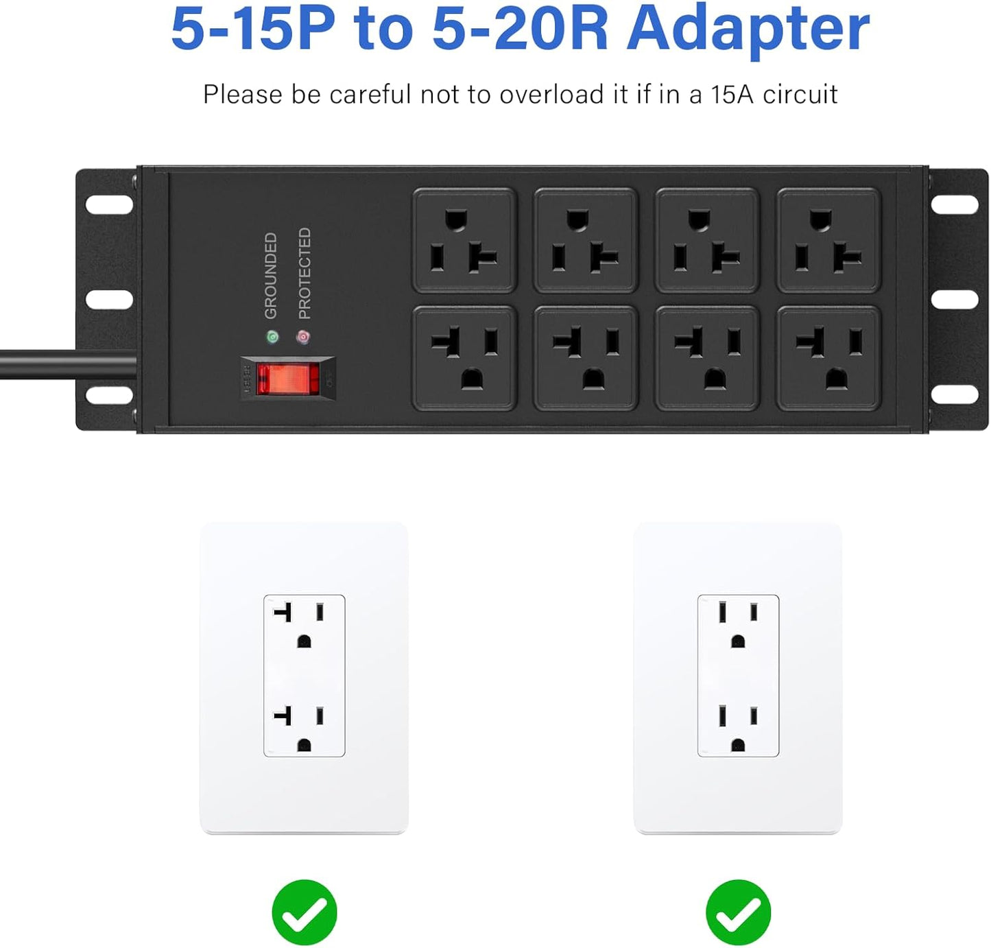 CCCEI Magnetic Heavy Duty Power Strip Surge Protector 20Amp, 12 Gauge High Amp Extension Outlets, Garage Wall Mount 8 Plug Metal Power Strip. 25FT, Black, 5-15P Adapter 6-20R T-Slot 20a for Appliance