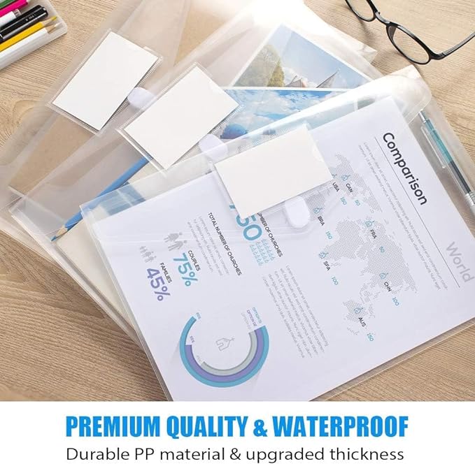 Sooez 5 Pack Plastic Envelopes Poly Envelopes, Clear Document Folders US Letter A4 Size File Envelopes with Label Pocket for School Home Work Office Organization, Clear