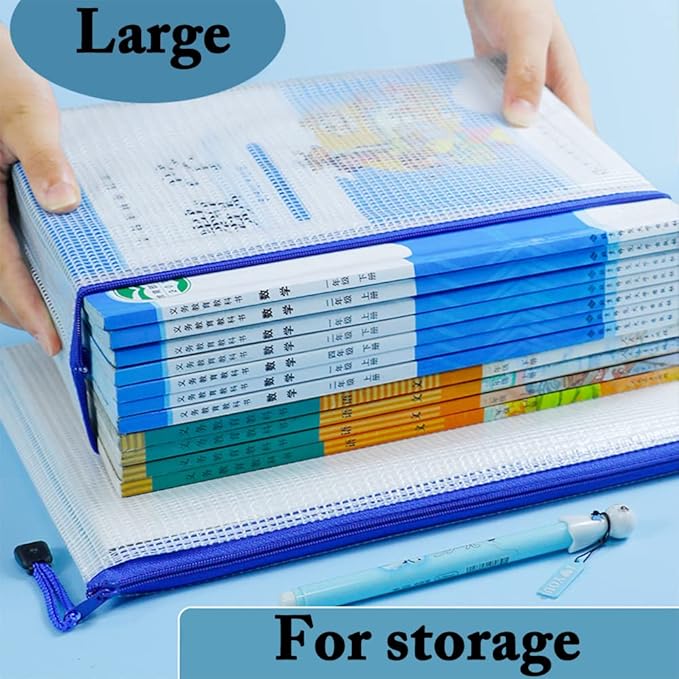 AUSTARK 10 Pcs Zipper File Bags, Waterproof Plastic Mesh Pouch for Office School, Board Game Storage Bags (B5 Size 11.4''x8.2'', White and Blue)