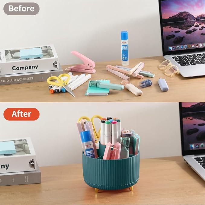 Desk Pencil Pen Holder, 5 Slots 360°Degree Rotating Pen Organizers for Desk, Desktop Storage Stationery Supplies Organizer, Cute Pencil Cup Pot for Office, School, Home, Art Supply, Dark Green