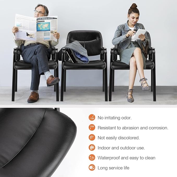 Sweetcrispy Waiting Room Chairs No Wheels Set of 4, Leather Stationary Office Reception Guest Chair with Padded Arms for Elderly Desk Conference Room Lobby Table Side Salon