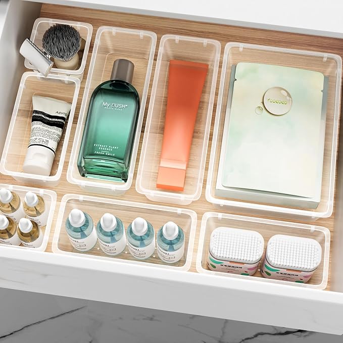 72 PCS Drawer Organizer Set, 4 Sizes Clear Plastic Makeup Vanity Organizer for Makeup, Stationery, Multiple Gadgets for Kitchen, Bathroom, Office, Bedroom