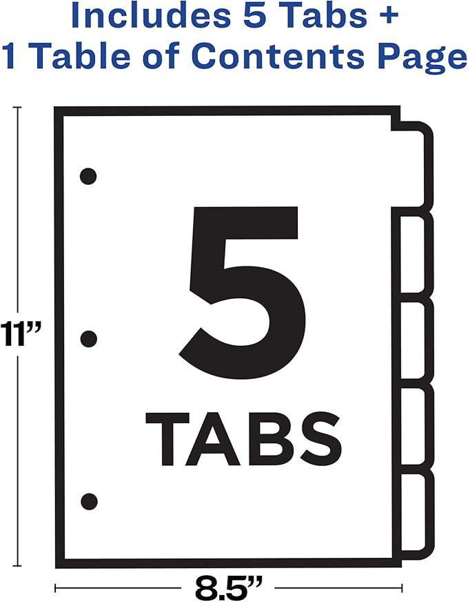 Avery 5 Tab Dividers for 3 Ring Binders, Customizable Table of Contents, Multicolor Tabs, 1 Set (11131)