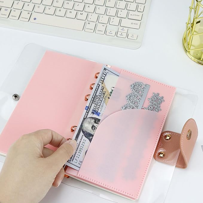 A6 Binder Pockets with No Zipper, Koqye Pink 10 Pcs Plastic Zipless Budget Envelopes, Two Pockets Frosted Cash Envelopes Money Bag for Budgeting, Cash Stuffing