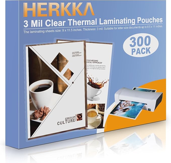HERKKA 300 Pack Laminating Sheets, Holds 8.5 x 11 Inch Sheets, 3 Mil Clear Thermal Laminating Pouches 9 x 11.5 Inch Lamination Sheet Paper for Laminator, Round Corner Letter Size