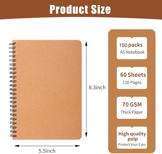 miikoul 150 Packs A5 Spiral Notebooks, 8.3"×5.5", 60 Sheets/120 Pages, Hardcover Lined Journal Notepad Travel Notebooks for Office and School Supplies