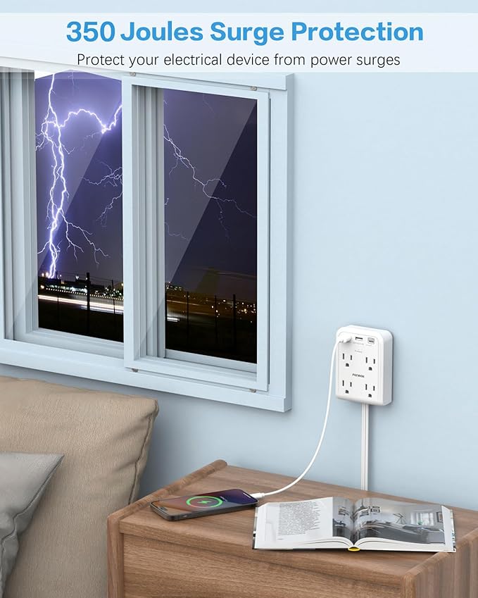 Flat Plug Outlet Extender with 3 USB Wall Plug(1 Type C), 4 AC Socket Wall Adapter, Electrical Outlet Extender, Power Strip Surge Protection with 8 ft Thin Extension Cord. White