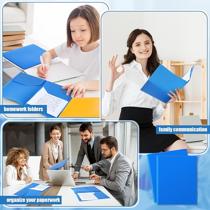Gueevin 50 Pcs Plastic Folders with Pockets, Two Pocket Folder Fit Letter Size, Heavy Duty School Business Card Holder for Home Office School Bussiness, 11.61 x 9.45 Inches (Blue)