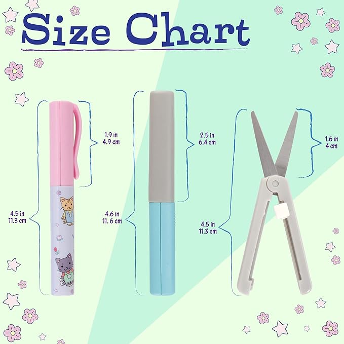 JubileeYarn Portable Travel Safety Scissors, Pen & Push Folding Style - Garden Kitty Pen, Pink Pen, Pink Push