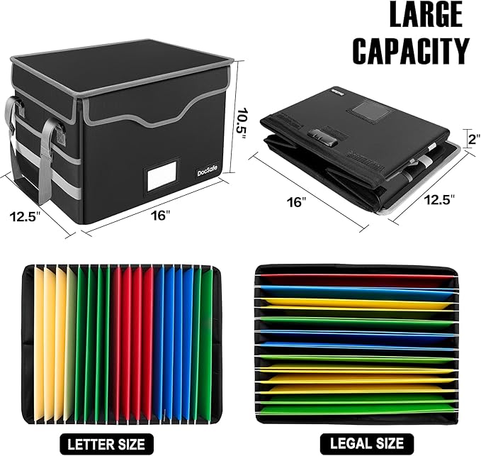 DocSafe File Box Fireproof Document Box with Lock,File Storage Organizer Box with Insert Pockets,Collapsible Portable File Box Home Office File Cabinet for Hanging Letter/Legal Folders,Black,2 Pack