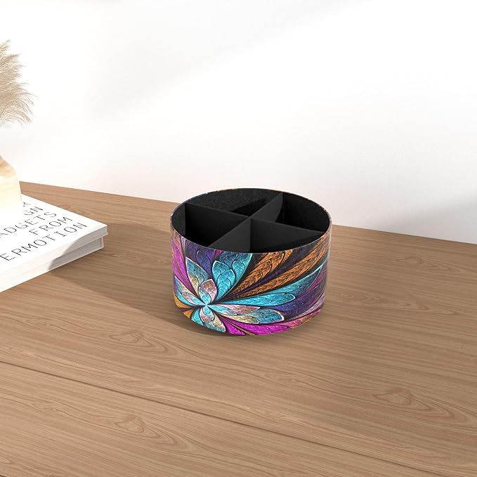 Hennaja Round Leather Art Supply Organizer,Remote Control Holder,360 Degree Rotating,Multi-Functional Pencil Holder,4 Compartments Desktop Stationary Organizer(1-Fractal Flower)