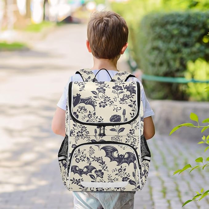 Goth Bat Flowers Backpack with Reflective Strip for Kids Boys Girls Elementary School Bag Removable Chest Strap