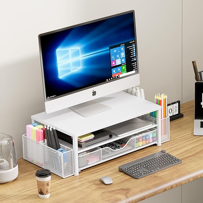 Desk Organizers and Accessories, 2-Tier Computer Monitor Stand for Desk Organizer with Drawer and 2 Pen Holders, Office Desk Accessories Workspace Desktop Organizers for Office Supplies, White