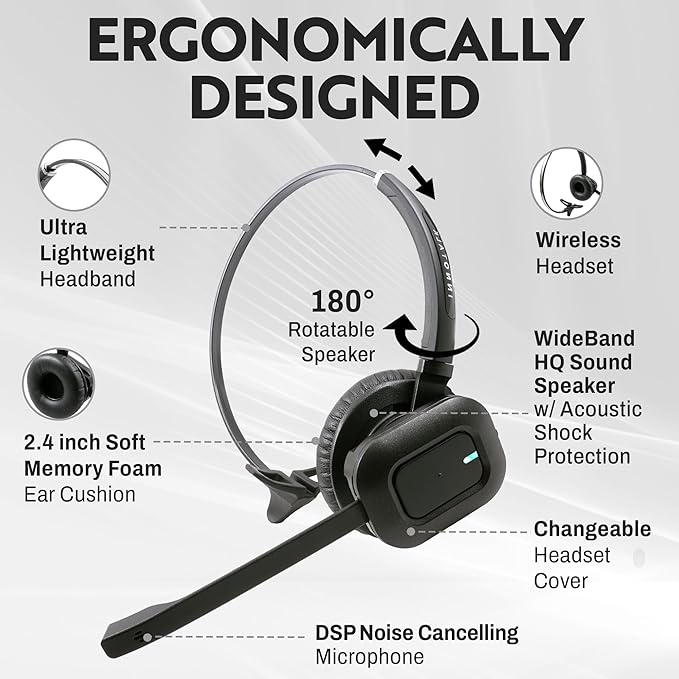 INNOTALK – Computer & Desk Wireless Bluetooth Phone Headset, Office Wireless Headset for Desk Phone & PCs & Bluetooth, Handsfree Headset & RJ9 Adapter, 300 Ft. Long Range Wireless Headset