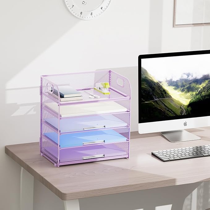 Marbrasse Paper Organizer Letter Tray, 5 Tier Mesh File Organizer with Handle, Paper Sorter Desk Organizer for Home Office Supplies - Purple