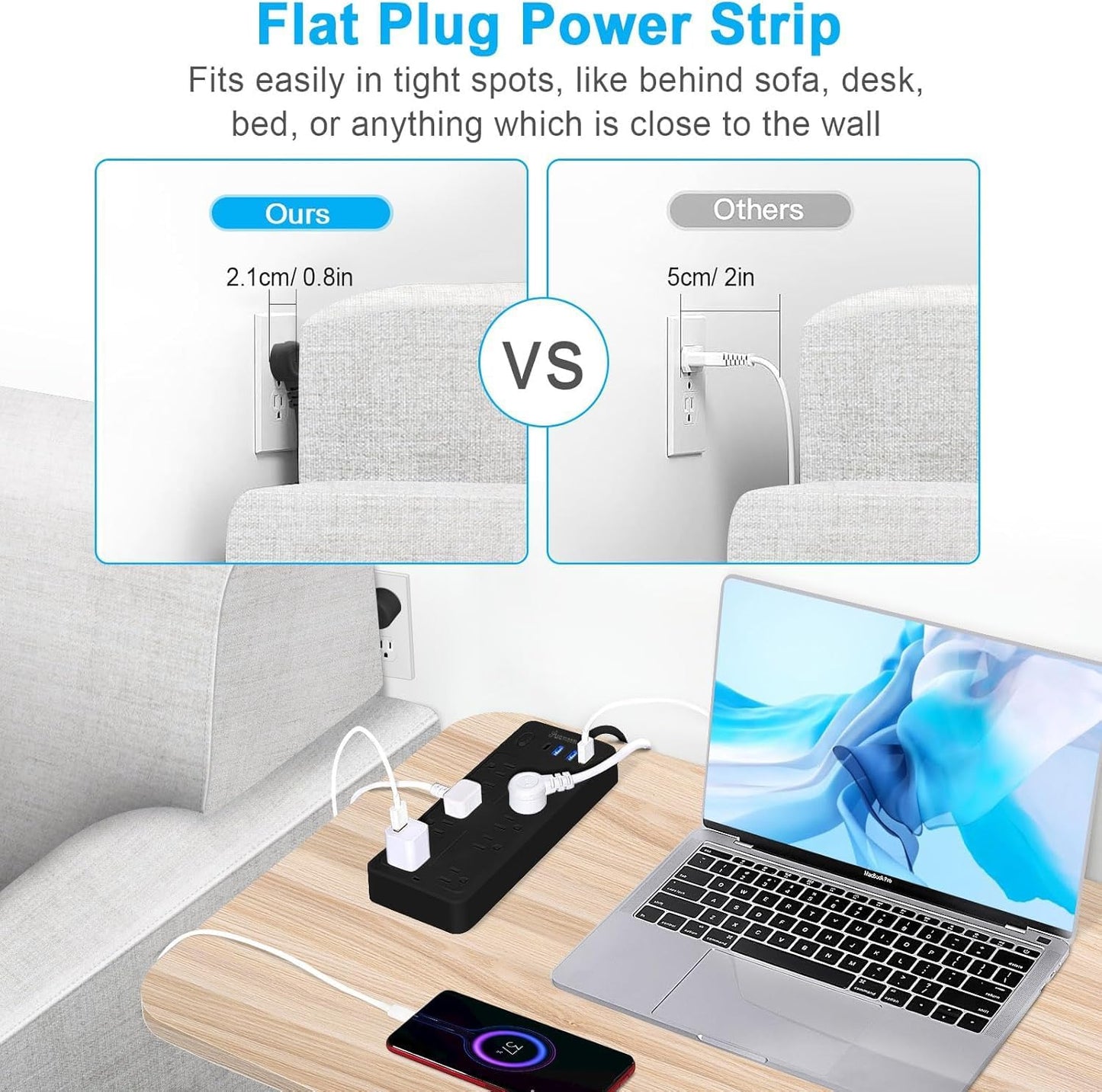 20 FT Power Strips with Surge Protection 1625W/13A, 10 Outlets with 4 USB Ports (1 USB C) Long Extension Cord with Multiple Outlets 14-in-1 1700J 16Awg Flat Plug Power Strip Protector Black ETL Listed