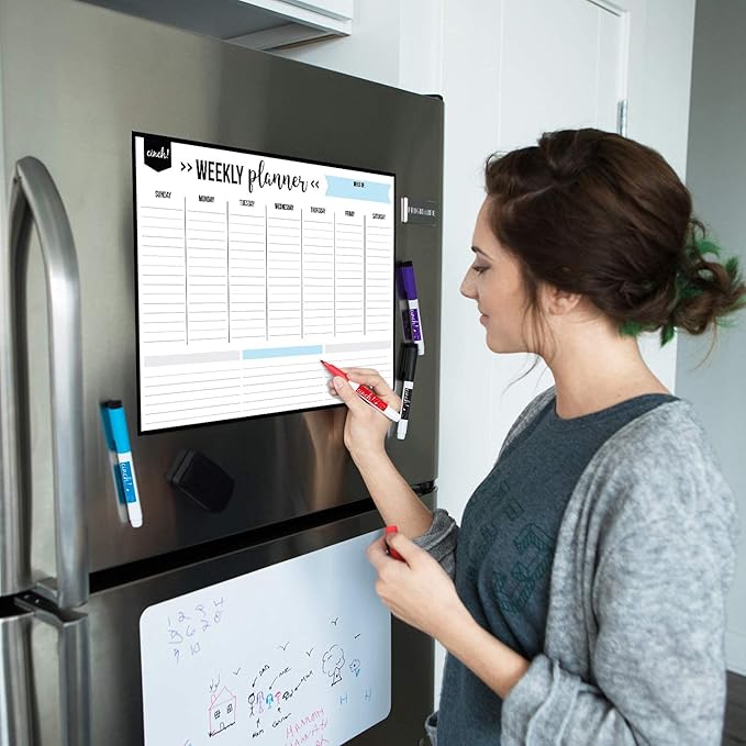 Cinch! 19x13-Inch Magnetic Whiteboard for Fridge - Weekly Calendar and Meal Planner - Stain Resistant Dry Erase Board with 4 Fine Tip Markers and Eraser - Magnetic Weekly Planner for Easy Scheduling