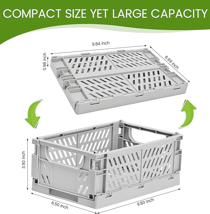 4-Pack Small Pastel Plastic Storage Baskets, Collapsible Crates for Organizing, Space-Saving Mini Bins for Classroom, Kitchen, Office, Bedroom (Grey, 9.8" x 6.5" x 3.8")