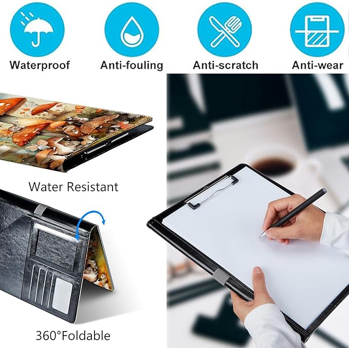 PU Leather Padfolio Folder Clipboard Portfolios Organizer Conference Document Organizer with Business Card Holder Storage Clipboard Writing Pad,Watercolor Mushroom