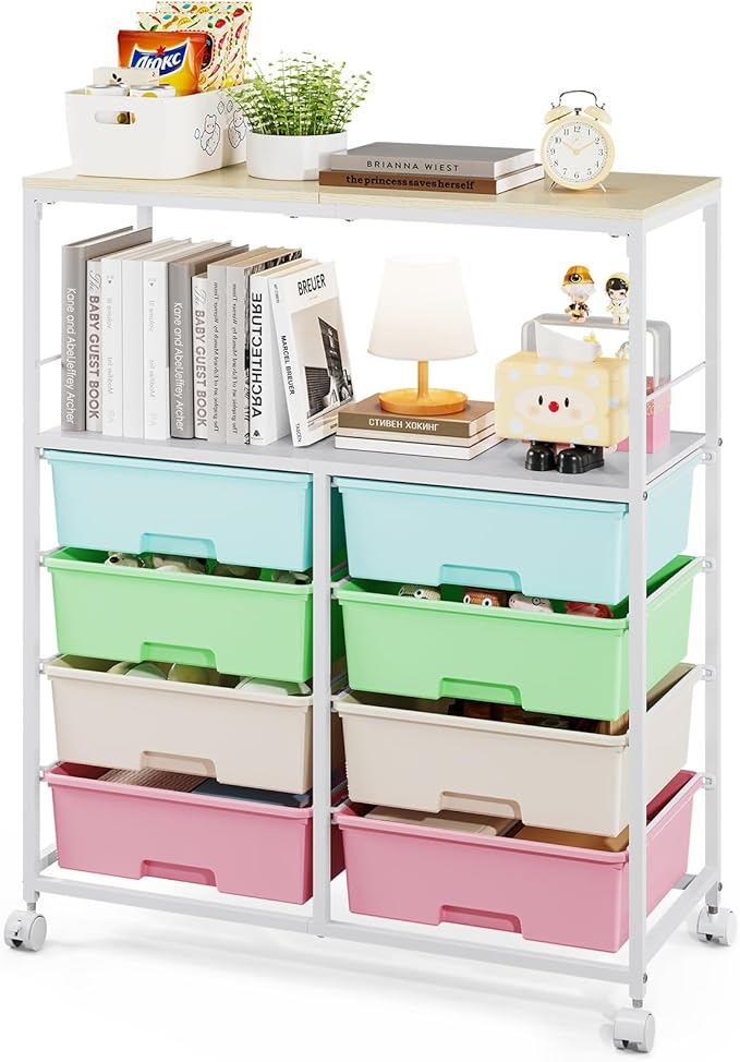 8 Drawers Rolling Storage Cart with Wooden Top, Multipurpose Utility Cart with Opening Shelf & Lockable Wheels, Storage Drawer Cart Organizer for Home Office Craft Room Classroom, Rainbow
