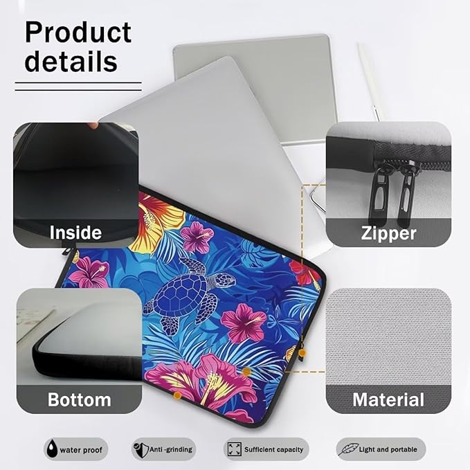 Sea Turtle Printed Laptop Briefcase for Women Men, Hibiscus Flower Printed 12 Inch Laptop Bag Messenger Bag Lightweight Laptop Case for Office Business Traveling Daily Use