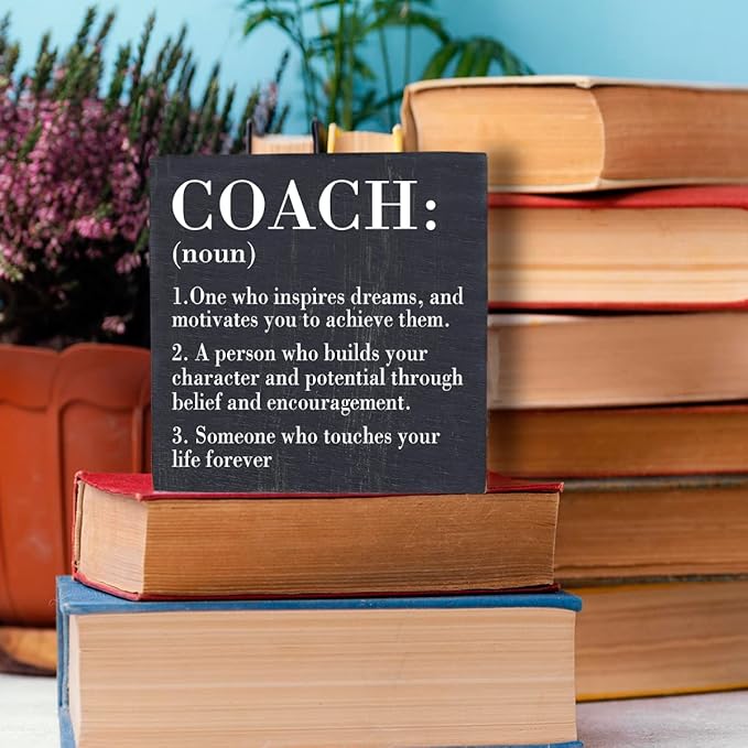 Inspirational Coach Noun Coach Gifts Desk Decor Wooden Box Sign Rustic Black Wood Block Plaque Box Sign for Coach Mentor Trainer Tutor Home Office Desk Shelf Table Decoration Coach Definition