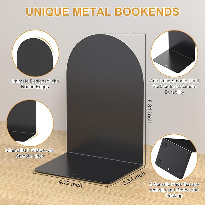 Bookends 1 Pair, Metal Round Book Ends, Bookends for Shelves, Book Ends for Desk, Book End to Hold Books, Book Stopper, Black Bookend for Home Office
