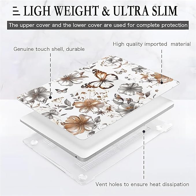 Compatible with MacBook Air 13.3 inch Case 2018-2020 Release A1932 A2179 A2337, Gold Flowers Butterfly Hard Plastic Shell Cover Case