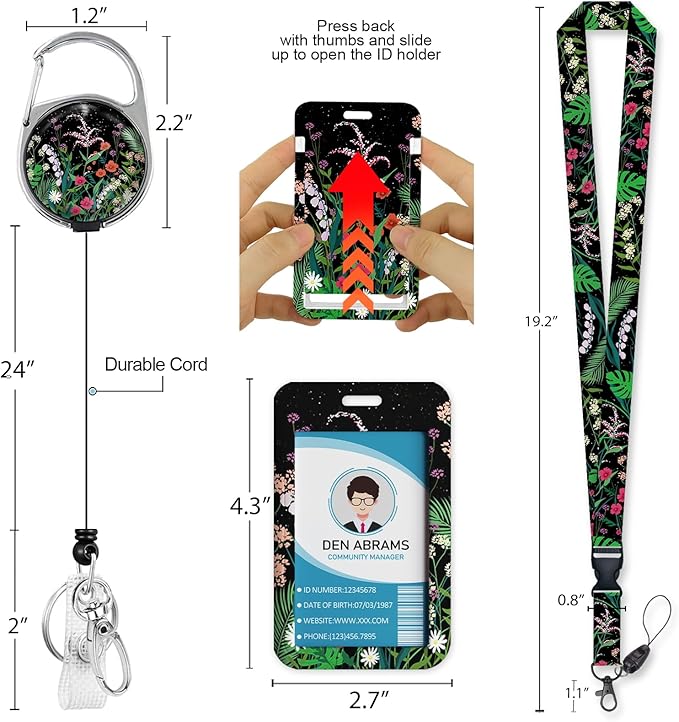 ID Badge Holder with Breakaway Lanyards, Flowers Floral Badge Holder with Lanyard, Retractable Reel Keychain Name Tag Lanyard Vertical ID Card Protector for Women Teacher Nurses Doctor Student