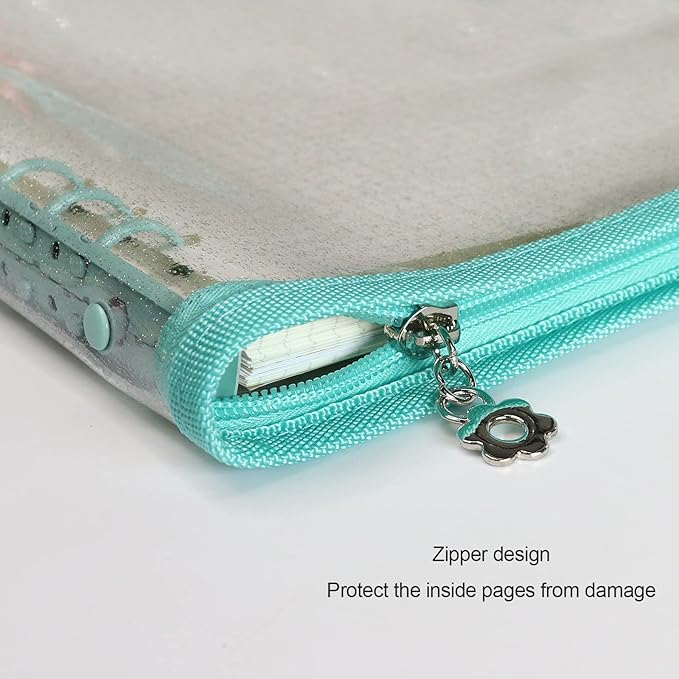 Multibey A5 Binder Cover Clear Soft PVC 6-Ring Binder Budget Evelopes System with Zipper Planner Organizer Refillable Notebook Journal Binder (Cyan, A5)