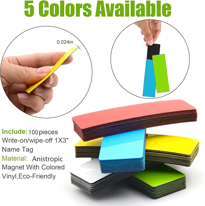 Dry Erase Magnetic Name Tags,Magnets for Classroom(1x3,Pack of 100),Write On Labels,Waterproof/Reusable for Office&File Cabinet&Whiteboard&Fridge(White)