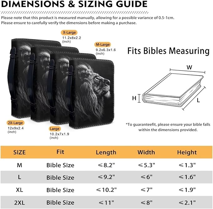 Lotusorchid Lion Print Faux Leather Bible Covers for Men, Portable Zippered Bible Carrying Case Bible Tote Bag for Women Girls, Christian Bible Study Accessories, Black, L