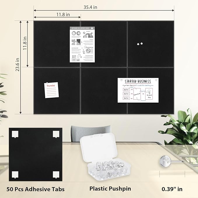 Smarpau Large Cork Board for Walls 48"x36" Black Cork Bulletin Board 12 Pack Felt Wall Tiles with Pushpins Pin Board Tack Board for Office Home Decoration