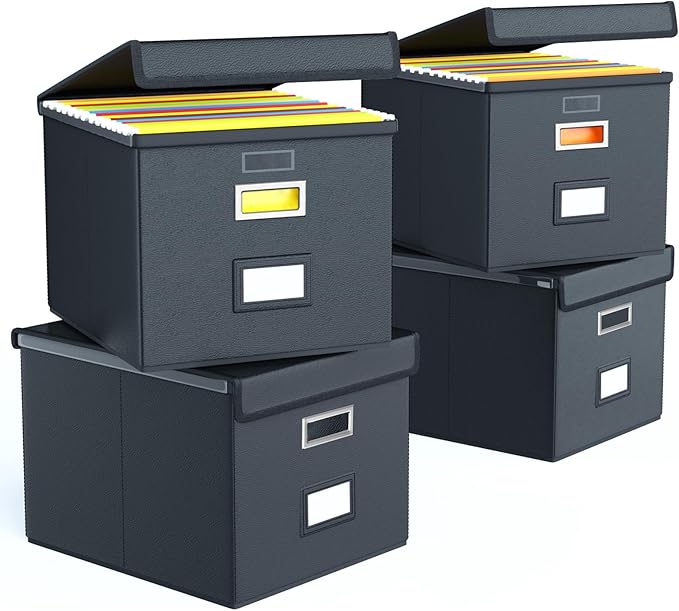 Huolewa Upgraded Portable Leather File Organizer Boxes with Lids, Office Document Boxes Organizer, Filing Boxes, Decorative Small File Boxes for Hanging Files with Plastic Slide for Office/Decor/Home