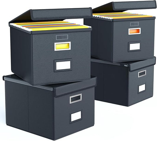 Huolewa Upgraded Portable Leather File Organizer Boxes with Lids, Office Document Boxes Organizer, Filing Boxes, Decorative Small File Boxes for Hanging Files with Plastic Slide for Office/Decor/Home