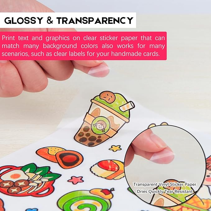 60 Sheets Premium Printable Clear Vinyl Sticker Paper for Inkjet Printer, 8.5x11" Transparently Vinyl Sticker Paper Waterproof, Dries Quickly, Vivid Colors, Tear Resistant, Great for Cutting Machines