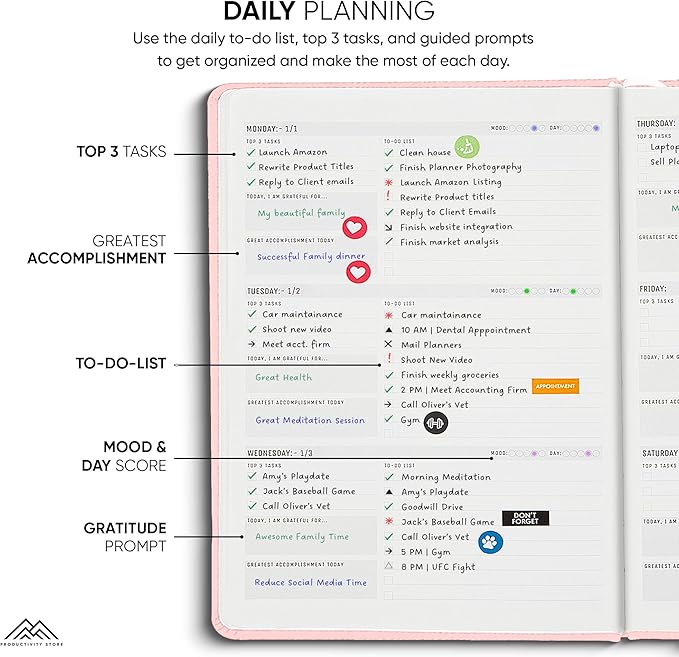 PRODUCTIVITY STORE Pro - Dated, 2025 Planner, 5.8” x 8.3” - The #1 Productivity Planner to Achieve Your 2025 Goals - Planner 2025-2026 - Pink - A5