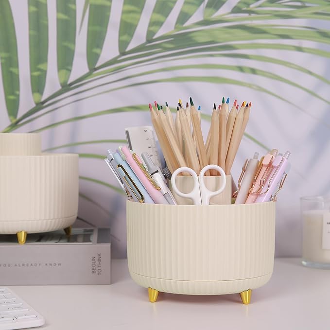 SKYDUE 360 Degree Rotating Desk Organizer, Dual-Purpose Pencil Pen Holder for Desk, Rotating Desk Pen Organizer with 5 Slots, Pencil Cup for Office, School, Home Beige