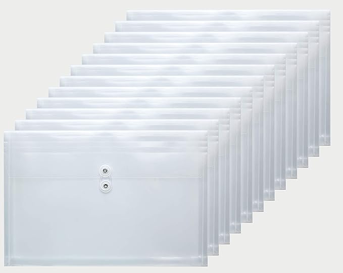 Plastic Legal Size Expandable Envelopes with String Tie Closure, 1-1/4" Expansion, Side Load, Clear File Folders Poly Project Paper Documents Organizer for Office School Home 12 Pack