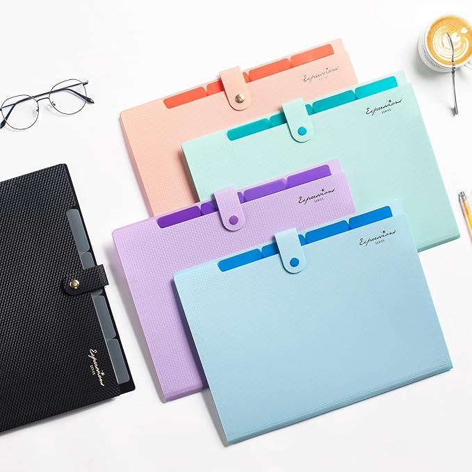 Sooez Expanding File Folder, Letter Size Accordion File Organizer, 5 Pocket Folders for Documents, Cute Folder with Labels, Portable Paper Organizer for School Office Supplies, A4 Size, White