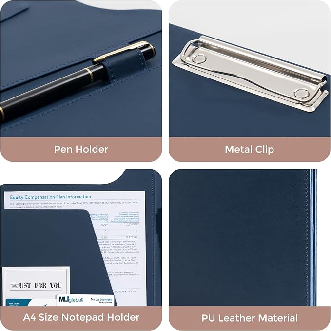 ProCase Clipboard Folder Portfolio, A4 Leather Padfolio Clipboard, Business Portfolio Clipboard Folder Professional Portfolio for Interview Resume Office Conference -Darkblue