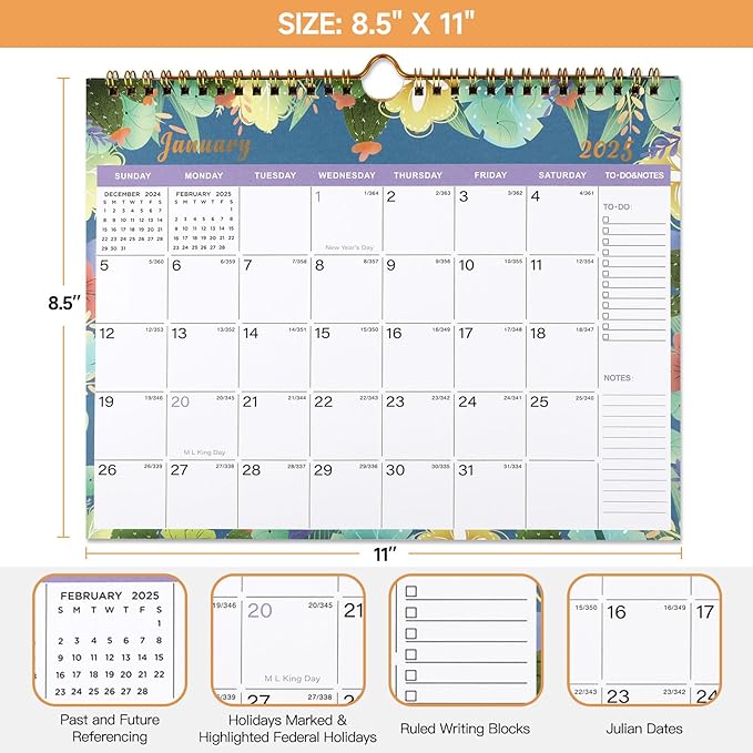 Lbylyhxc 2024-2025 Calendar - Includes July 2024 to December 2025-18 Monthly Wall Calendar 2024-2025, 11 x 8.5 Inches.Thick Paper with Julian Dates and Block for New Year and Christmas Presents (2024-2025 wall calendar flower)