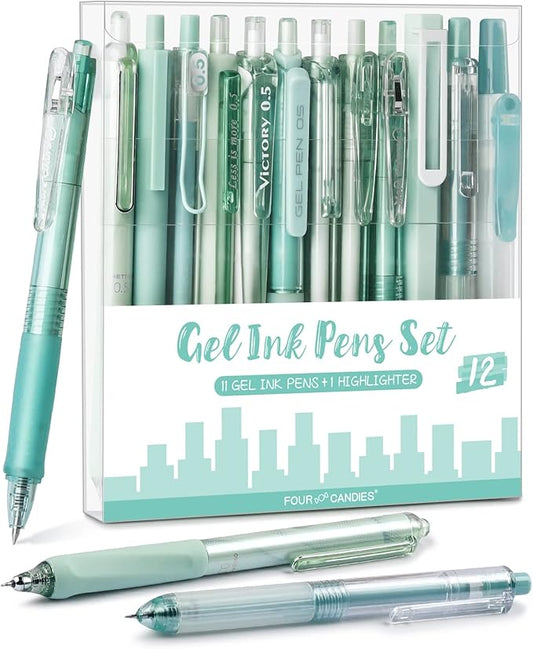 Four Candies 12Pack Pastel Gel Ink Pen Set, 11 Pack Black Ink Pens with 1Pack Highlighter for Writing, Retractable 0.5mm Fine Point Cute Note Taking Pens for School Office (Green)