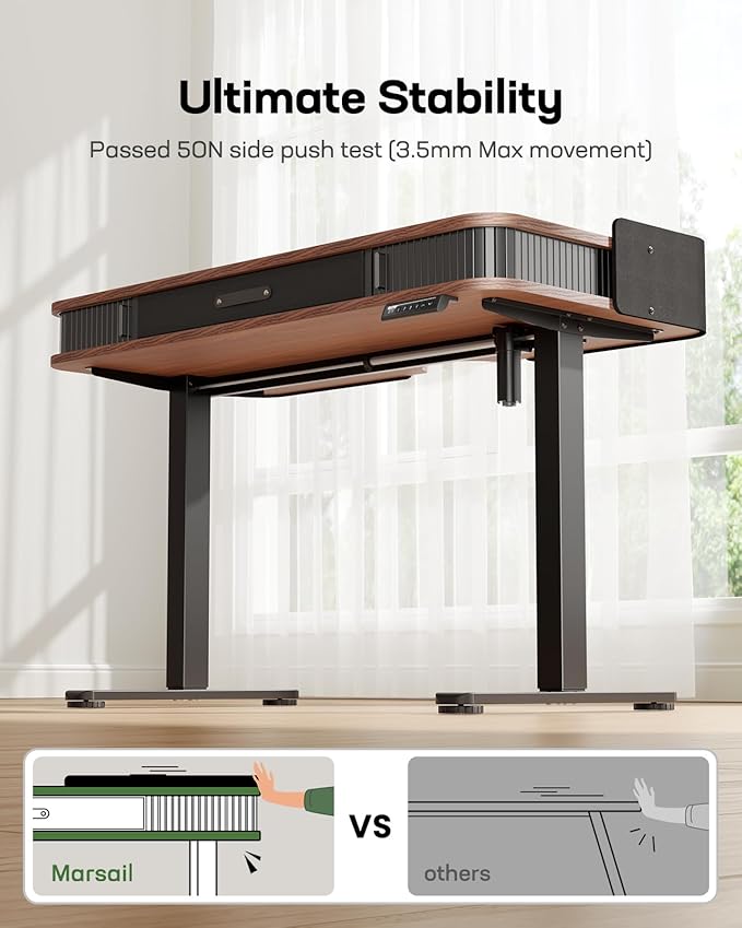 Marsail Electric Standing Desk Whole-Piece Desktop 48 x 24 Inches Height Adjustable Desk with 3 Drawers Home Office Table with 3 Memory Preset